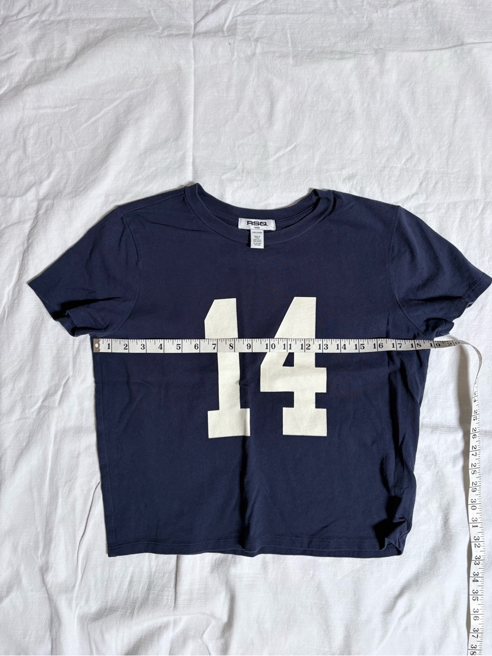 RSQ Navy Blue Cropped Graphic Tee Varsity 14 Baby Tee Size TP / XS